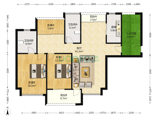 利丰中央公园1期 3室1厅2卫 120平方