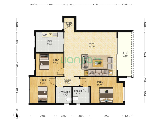 保利上城 3室1厅2卫 129平方