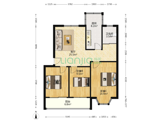 红旗南路1869号 3室1厅1卫 90平方