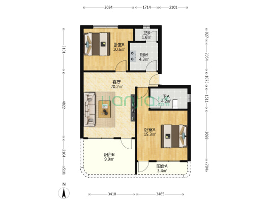 叠北社区 2室1厅2卫 325平方