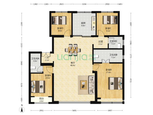 中建宸园 4室1厅3卫 170平方