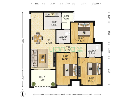 保利观塘香榭 3室1厅2卫 99平方