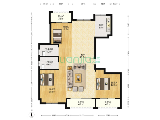 沪东嘉园 3室1厅2卫 138平方