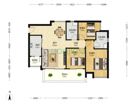 奥园誉峯 3室1厅2卫 97平方