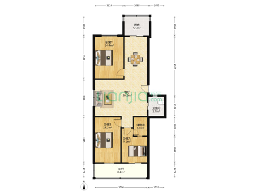 麗都·名圜 3室1厅1卫 114平方