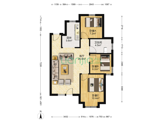 潮白河孔雀城翠景园北区 3室1厅1卫 89平方