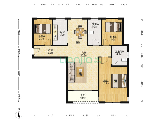 湖畔文苑 3室1厅2卫 119平方