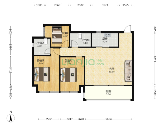 中海天府麓湾 3室1厅2卫 97平方
