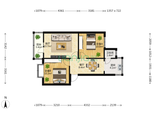 昆明市红庙教职工住宅小区 2室2厅1卫 53平方