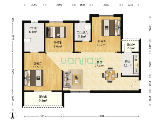 佰昌公馆B区 3室1厅2卫 105平方