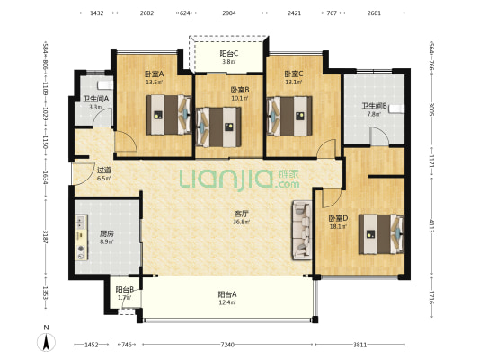 招商时代公园天樾境B区 4室1厅2卫 177平方
