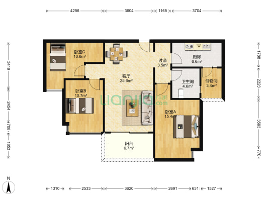 恒大城一期 3室1厅1卫 108平方