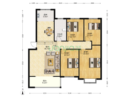 方圆小区 4室1厅1卫 143平方