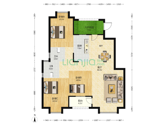 江山豪庭 3室1厅2卫 133平方