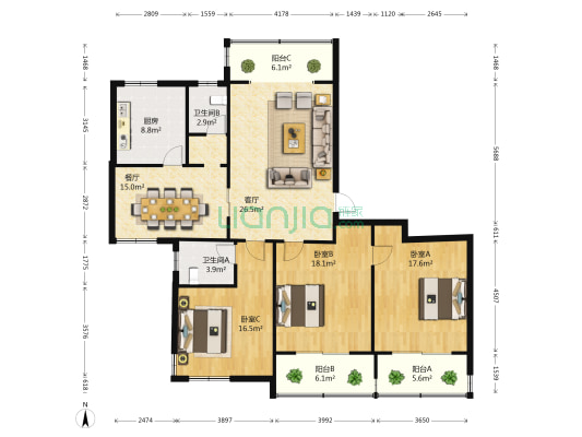 长飞公寓 3室2厅2卫 143平方