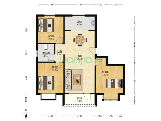 万恒四季花城 3室1厅1卫 114平方