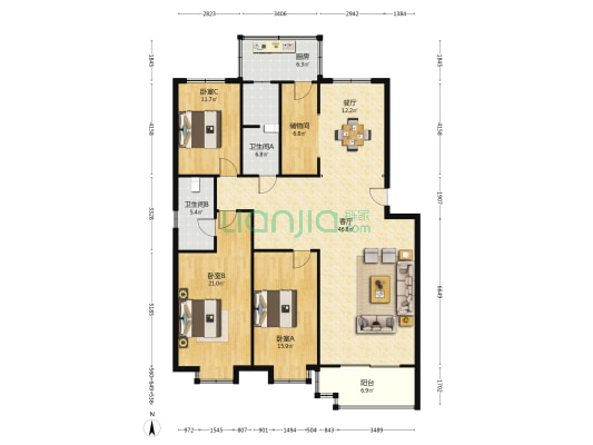 宏泰花园 3室2厅2卫 161平方