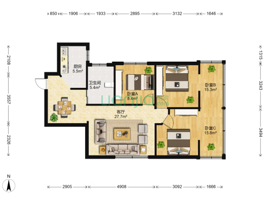 富春大厦 3室1厅1卫 80平方