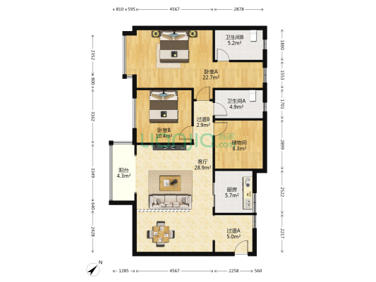 天湖国际 2室1厅2卫 120平方