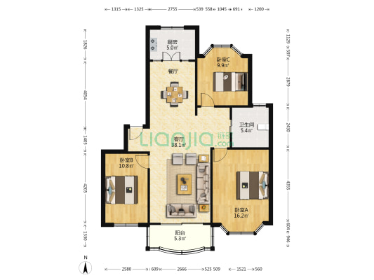 垂虹家园 3室1厅1卫 108平方