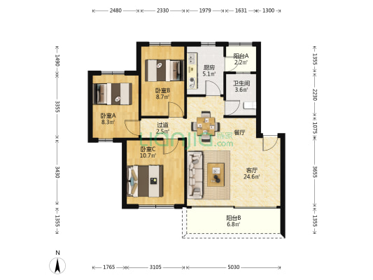 上表生活区 3室1厅1卫 87平方