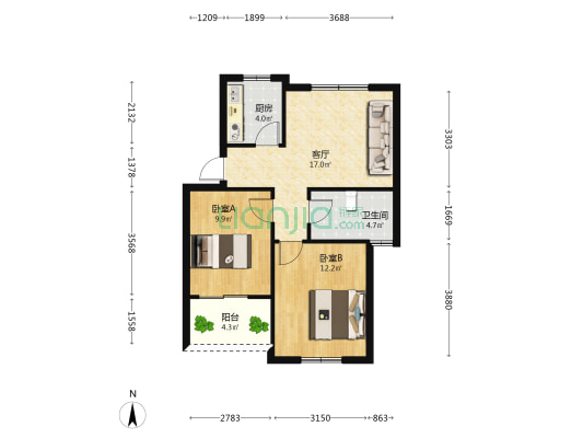 滨江嘉苑 2室1厅1卫 66平方
