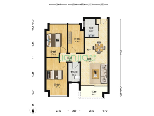 奥园阳光一号 3室1厅1卫 80平方