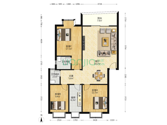 天台路3号 3室1厅2卫 116平方