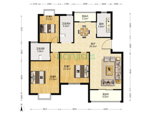 凤凰花园三期 3室1厅2卫 120平方