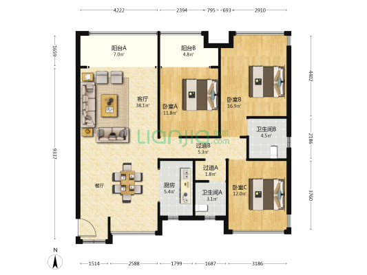 鑫龙汉江一号 3室1厅2卫 127平方