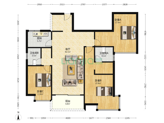 峰景嘉苑 3室1厅2卫 132平方