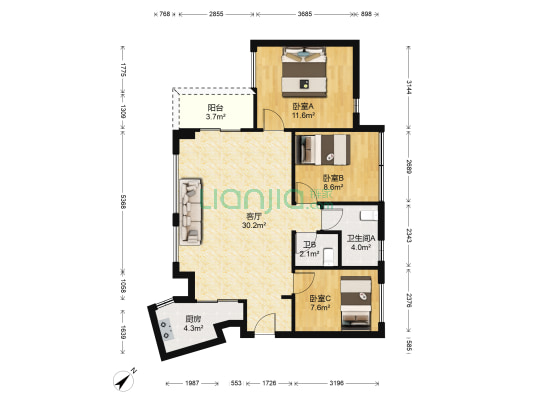 万科红四期 3室1厅2卫 88平方