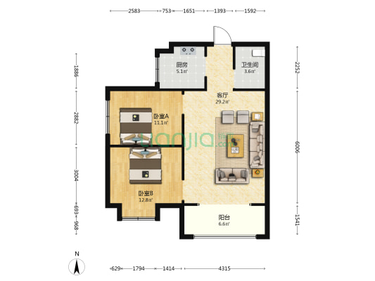 水岸花都 2室1厅1卫 91平方