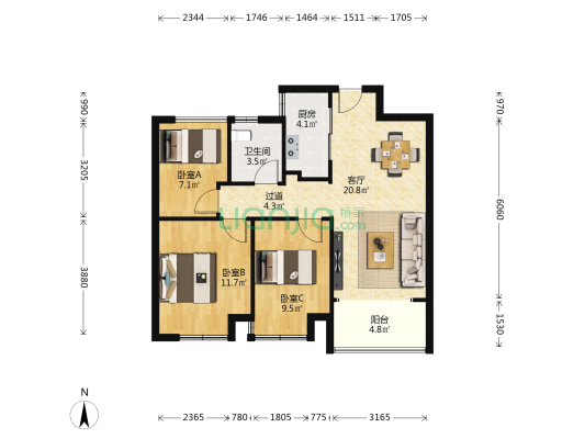 朝阳盈家大厦 3室1厅1卫 89平方