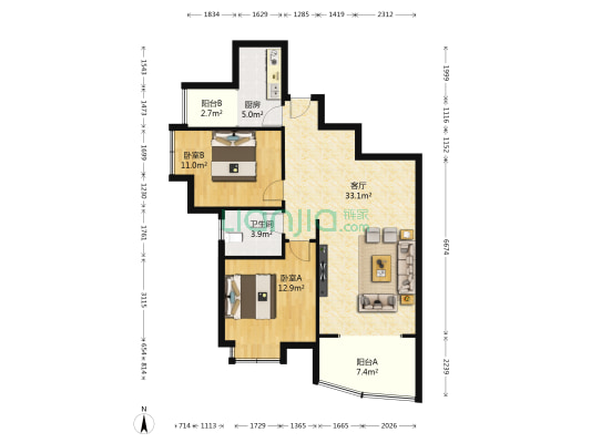 绿地新地标 2室1厅1卫 88平方
