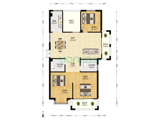 滨江华庭 3室1厅2卫 140平方