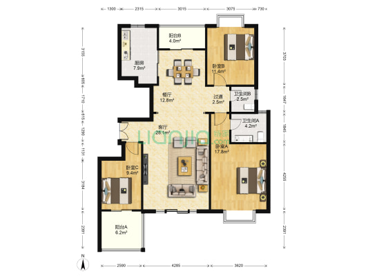 天山水榭花都 3室2厅2卫 142平方