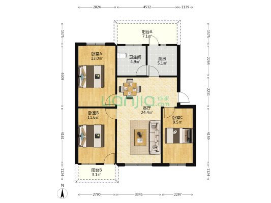 渔轮厂宿舍(渔港路） 3室1厅1卫 91平方