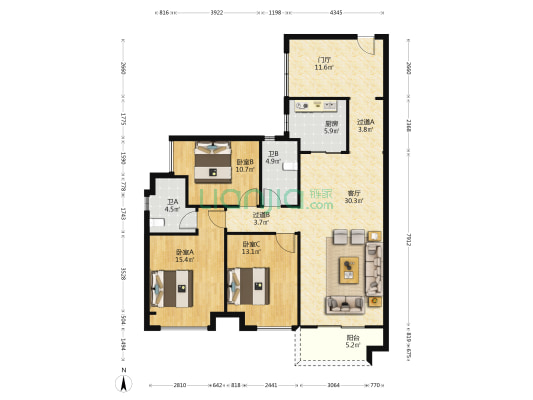 美的明湖北湾花园一期 3室1厅2卫 127平方