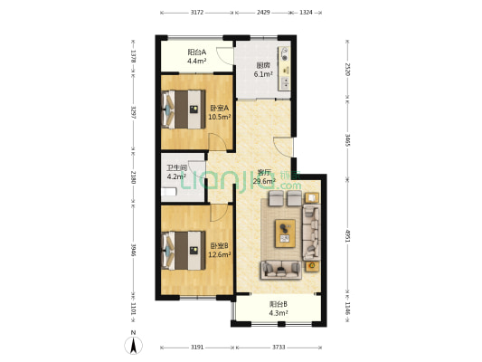 即发金色华山 2室1厅1卫 84平方