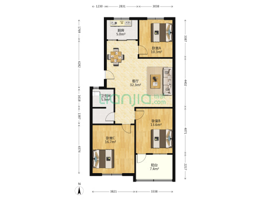 泰安市泰山饭店金山一宿舍 3室1厅1卫 106平方