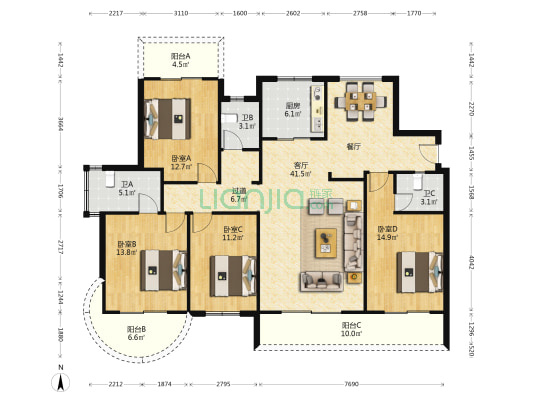 中庚·书香大第北区 4室1厅3卫 156平方