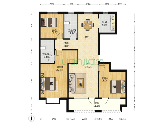 万恒四季花城 3室1厅2卫 138平方