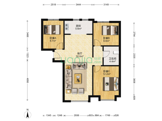 鸿坤理想湾三居室   南北通透   毛坯房-户型图
