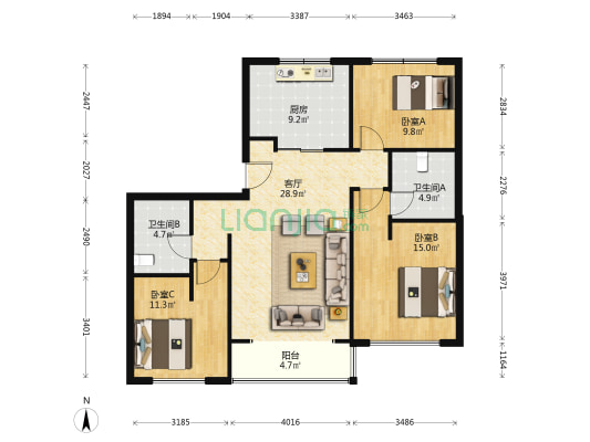 禧竹雅园 3室1厅2卫 127平方