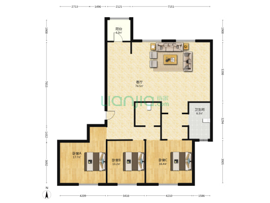 招商天玺 3室1厅1卫 198平方