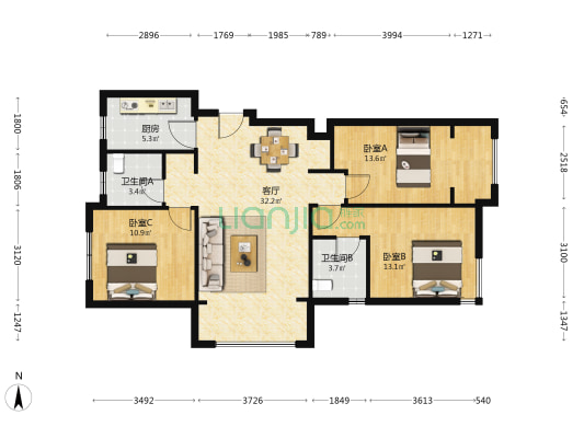 飞龙西轸新城 3室1厅2卫 112平方