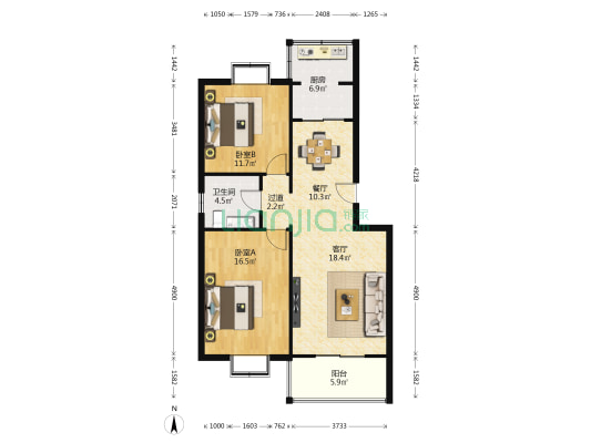 东江锦苑 2室2厅1卫 94平方