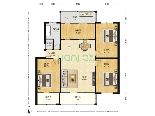市政家属院 3室1厅2卫 136平方