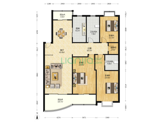 世纪华庭 3室1厅2卫 163平方